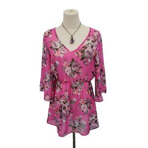 NWT Womens Floral Swimsuit Coverup Sz M Pink Sheer Cinched Waist V-Neck Beach